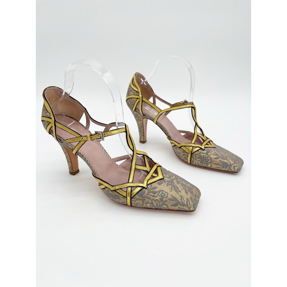 Prada Vintage Gold Floral Brocade Retro Baroque Strappy Square Toe Heels IT 40 - Picture 2 of 11
